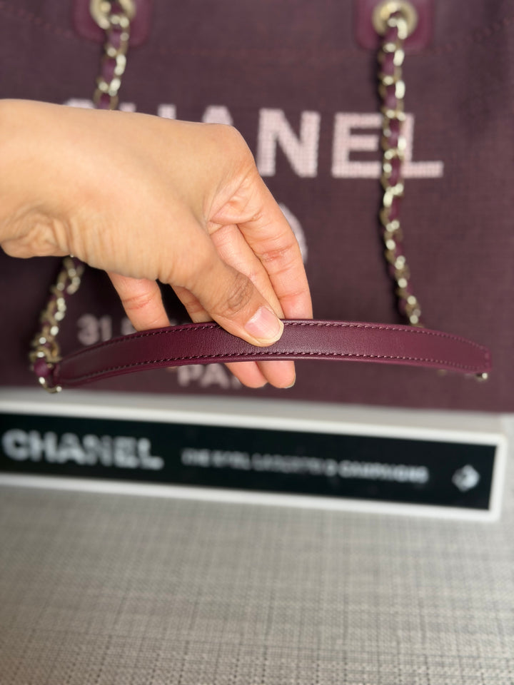 Chanel Burgundy Tweed Deauville Tote with Leather top handle size SMALL 13 inches 2024