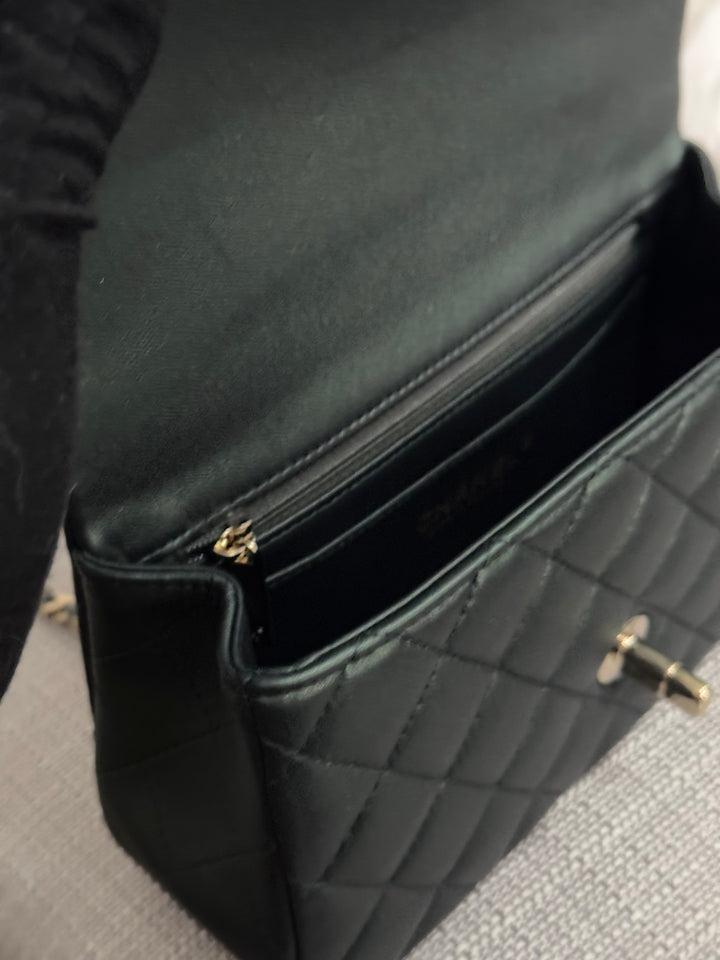 Chanel Iridescent Dark Green Lambskin Mini Rectangular Flap Bag with Top Handle and Champagne GHW