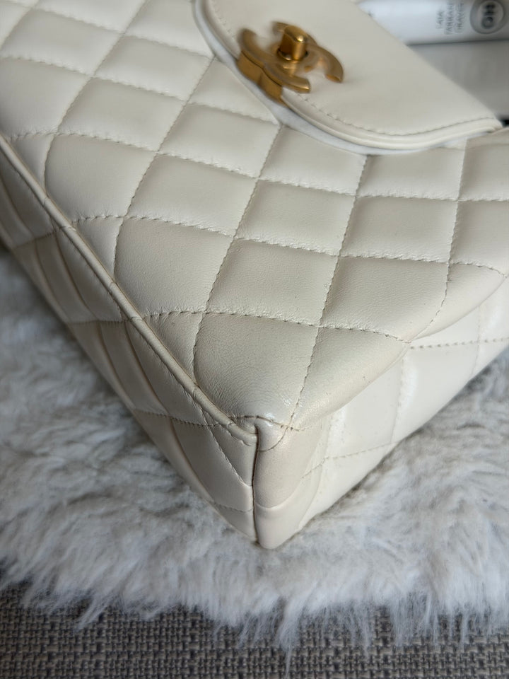 CHANEL White Calf skin Aged GHW Kelly Shopping Bag Size Small 2026