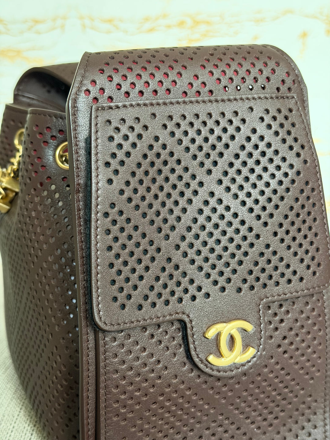 CHANEL 26S 25 Hobo Bag in Perforated BROWN Calf skin Aged GHW size SMALL