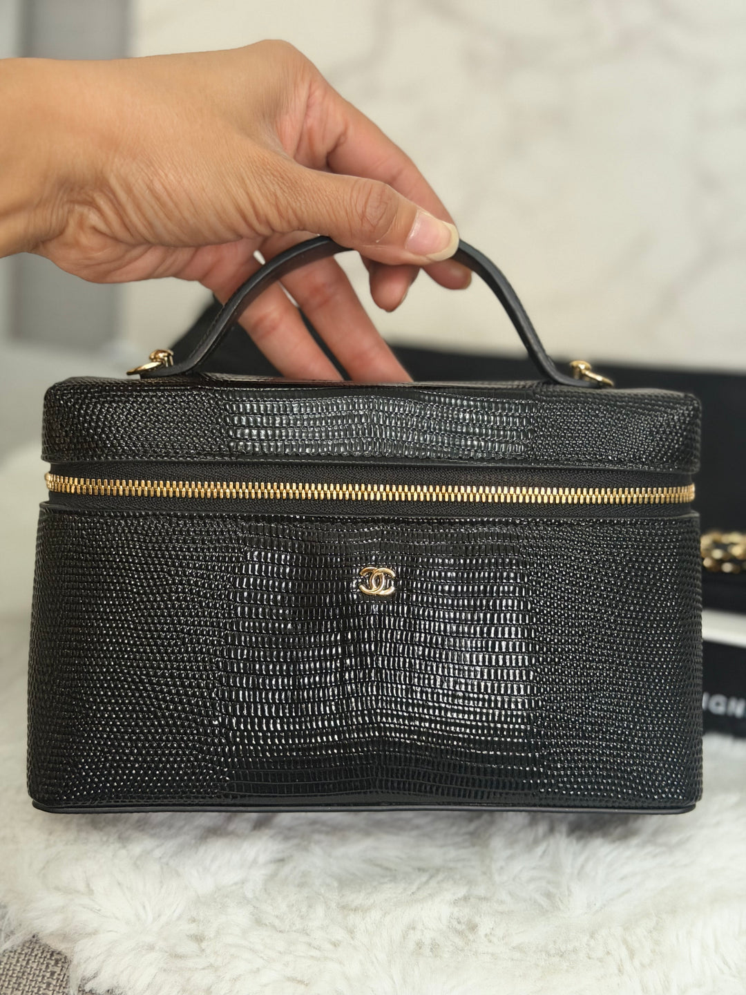 CHANEL Black Lizard Embossed Calf Skin GHW LP Long Vanity with top handle 26A 2026