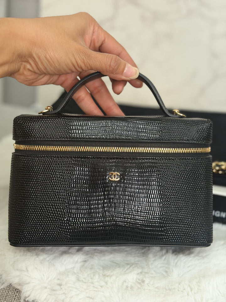 CHANEL Black Lizard Embossed Calf Skin GHW LP Long Vanity with top handle 26A 2026
