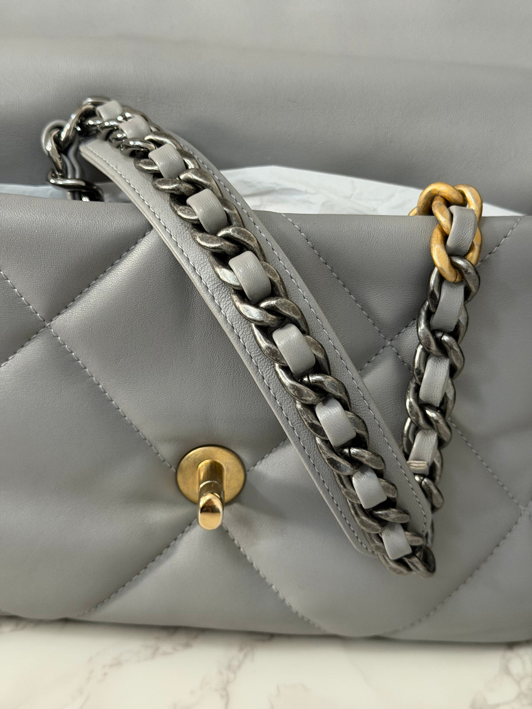 CHANEL 19 size Small Grey Lambskin Mixed Hardware 21B 2021 Flap Bag with Top Handle