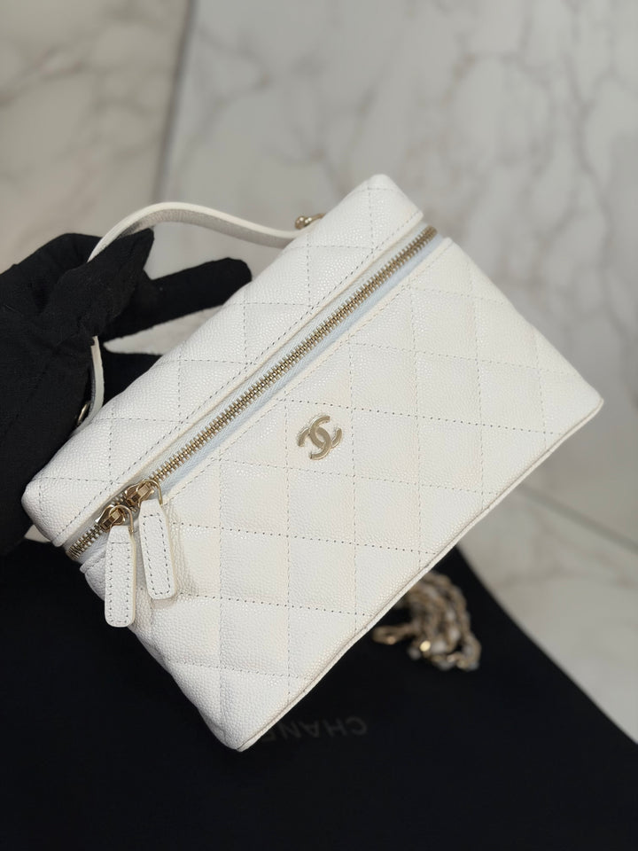 CHANEL 26C White Caviar LGHW Long Vanity with Detachable Chain