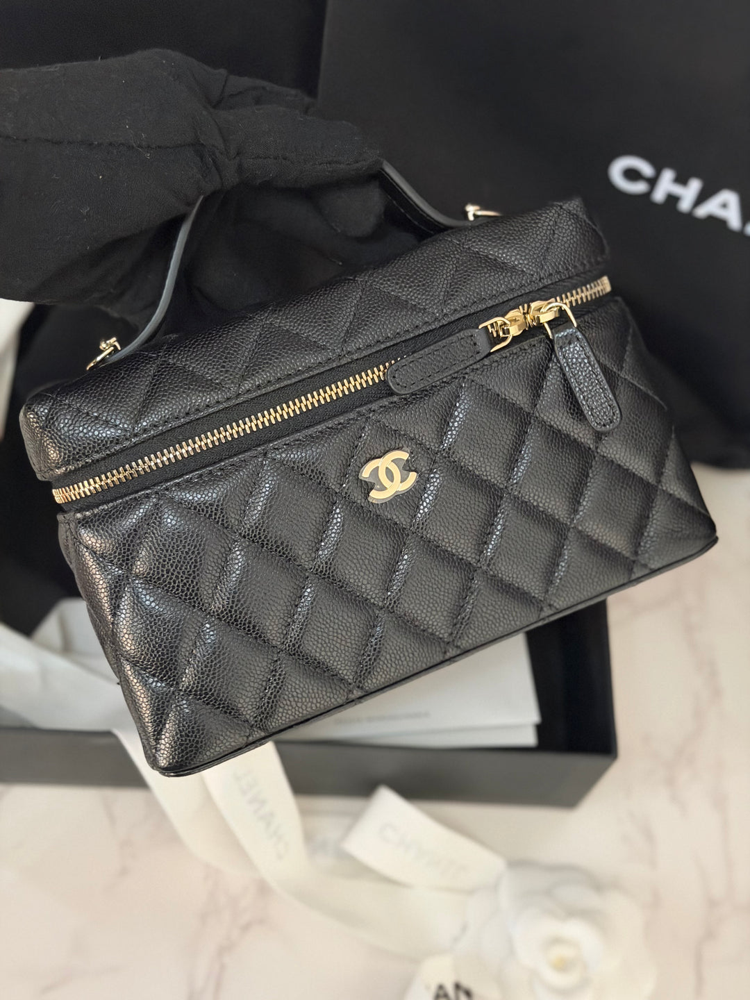 CHANEL Black Caviar LGHW Long Vanity with top handle and detachable chain