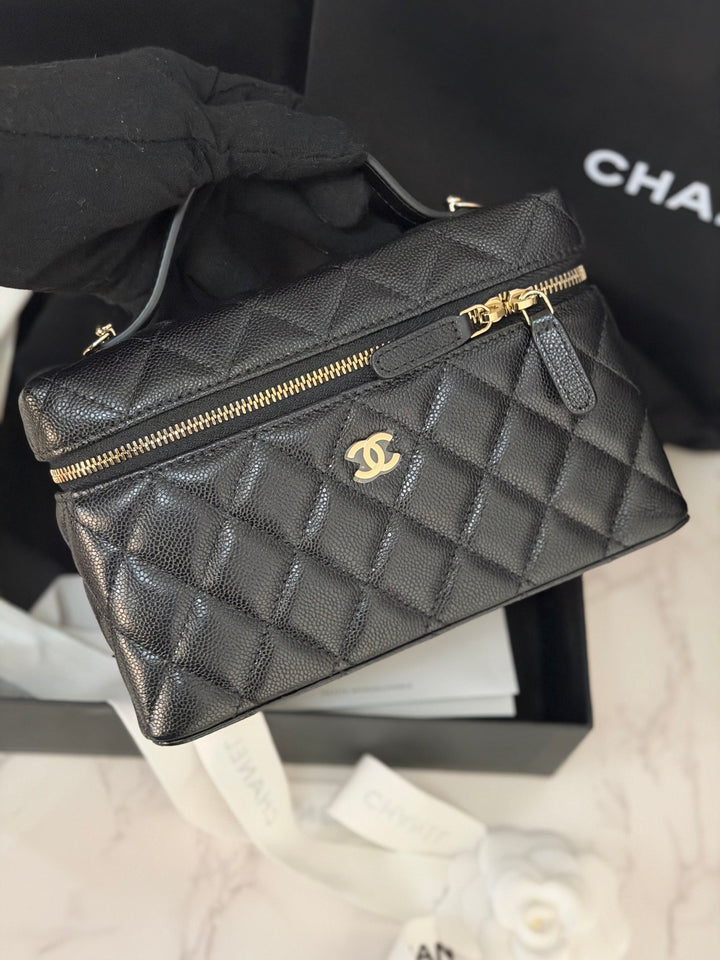 CHANEL Black Caviar LGHW Long Vanity with top handle and detachable chain