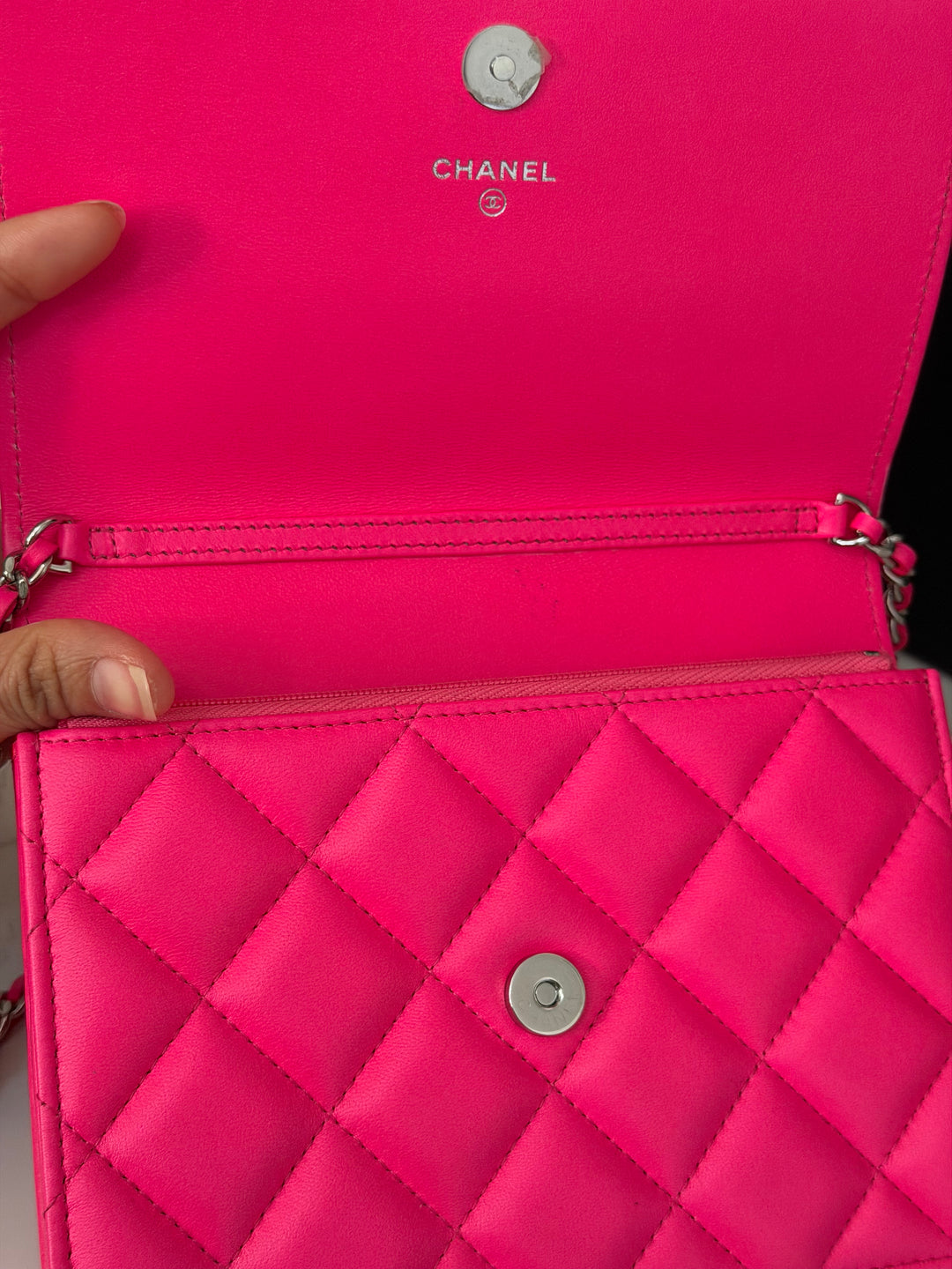 CHANEL 24C 2023/2024 Bright Hot Pink Ombré Hardware Square Wallet on Chain (WOC)