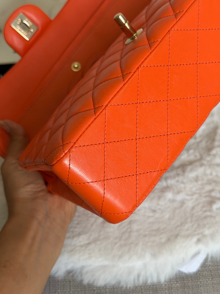 CHANEL 20S Orange Lambskin LGHW Medium ML Timeless Classic Double Flap Bag