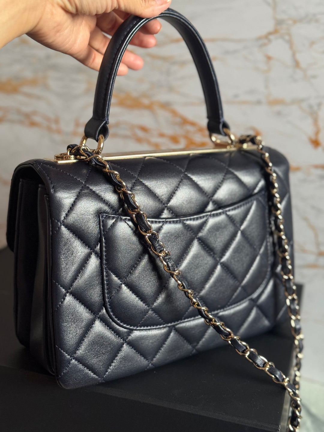 Chanel series 28 2018/2019 Navy Lambskin Champagne GHW Trendy CC Flap Bag size Small with Detachable Strap