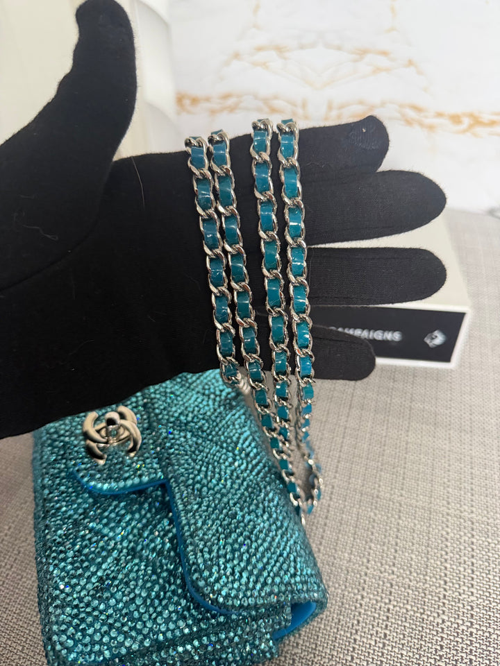 CHANEL series 21 Turquoise Teal Green Blue Diamanté Swarovski Crystal Strasssd Extra Mini Flap Bag with SHW *unicorn* RARE