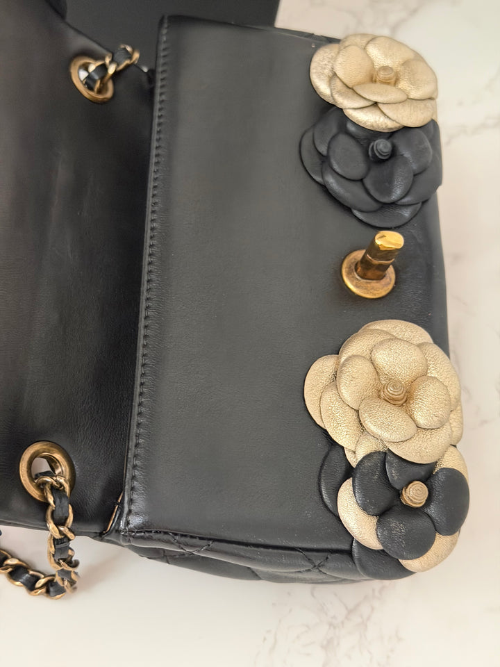 CHANEL series 21 Black Metallic Gold Camellia Flower Lambskin Mini Rectangular Flap Bag with Vintage GHW