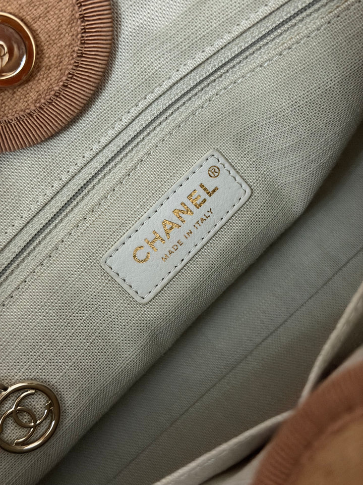 CHANEL 24P collection 2024 Beige Tweed Deauville Tote size Small with top handle LGHW and pouch