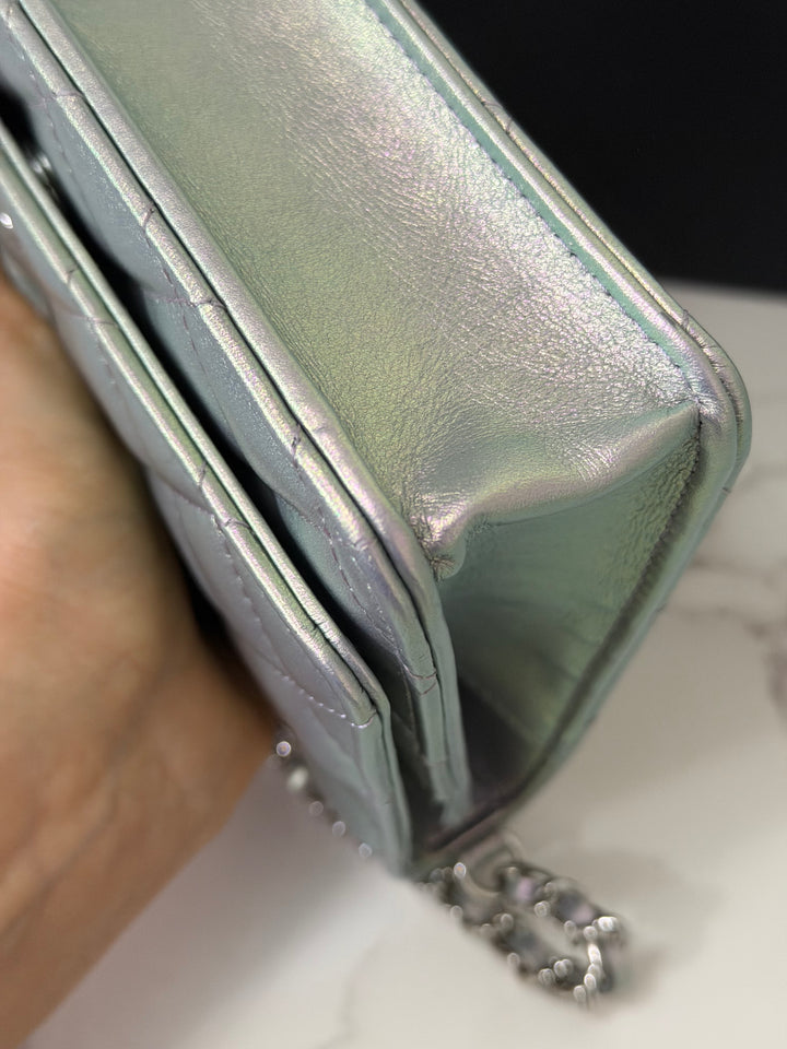 CHANEL 21K Silver Lambskin SHW Classic Wallet On Chain (WOC)