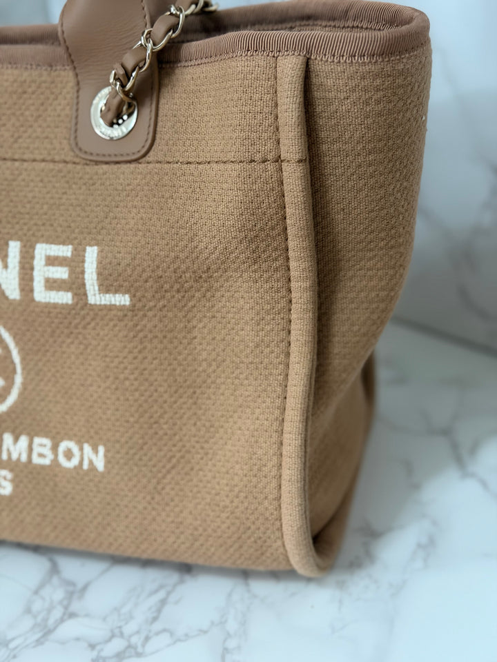 CHANEL 24P collection 2024 Beige Tweed Deauville Tote size Small with top handle LGHW and pouch