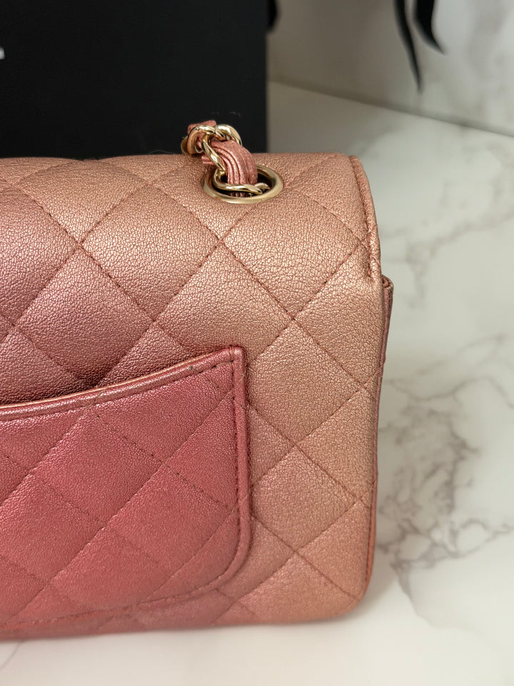 CHANEL 21S Ombré Rose Gold Metallic Copper Lambskin LGHW Mini Rectangular Flap Bag 2021