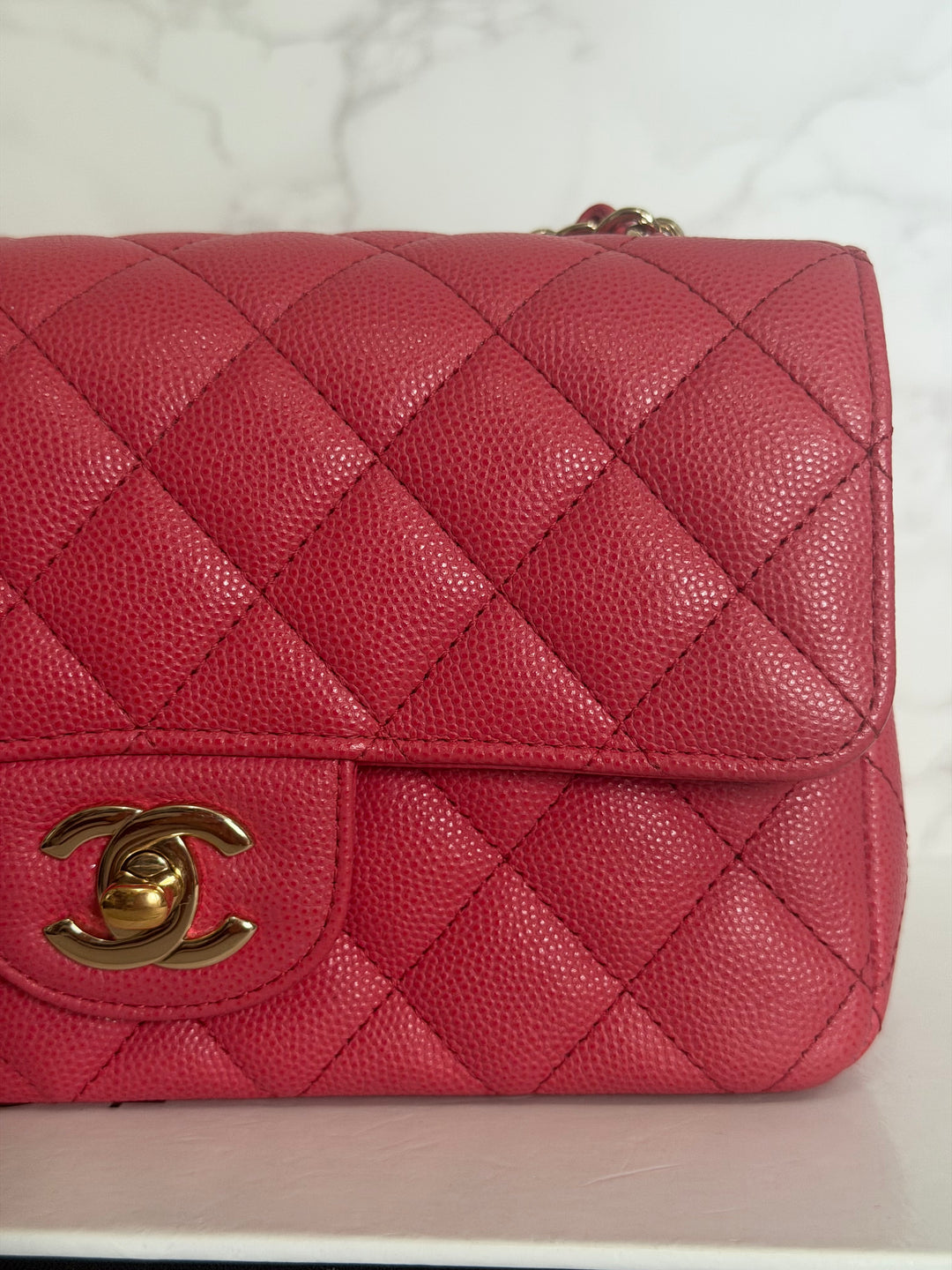 CHANEL 17C series 23 Pink Caviar LGHW Mini Rectangular Flap Bag with edge stitching 2016/2017
