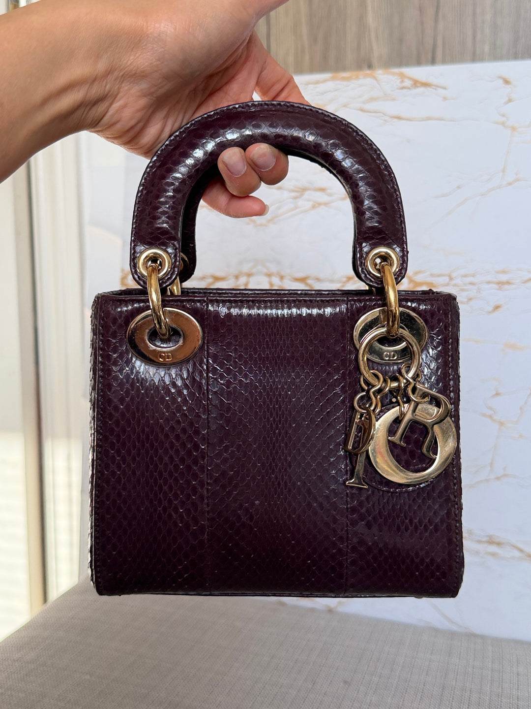 Dior Lady Dior MINI Burgundy Dark Red Python Leather 2018 LGHW