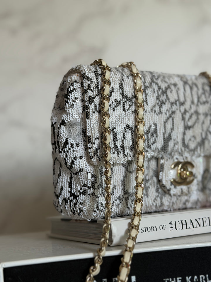 CHANEL 22C White and Black Sequin SMALL Flap Bag LGHW 2022