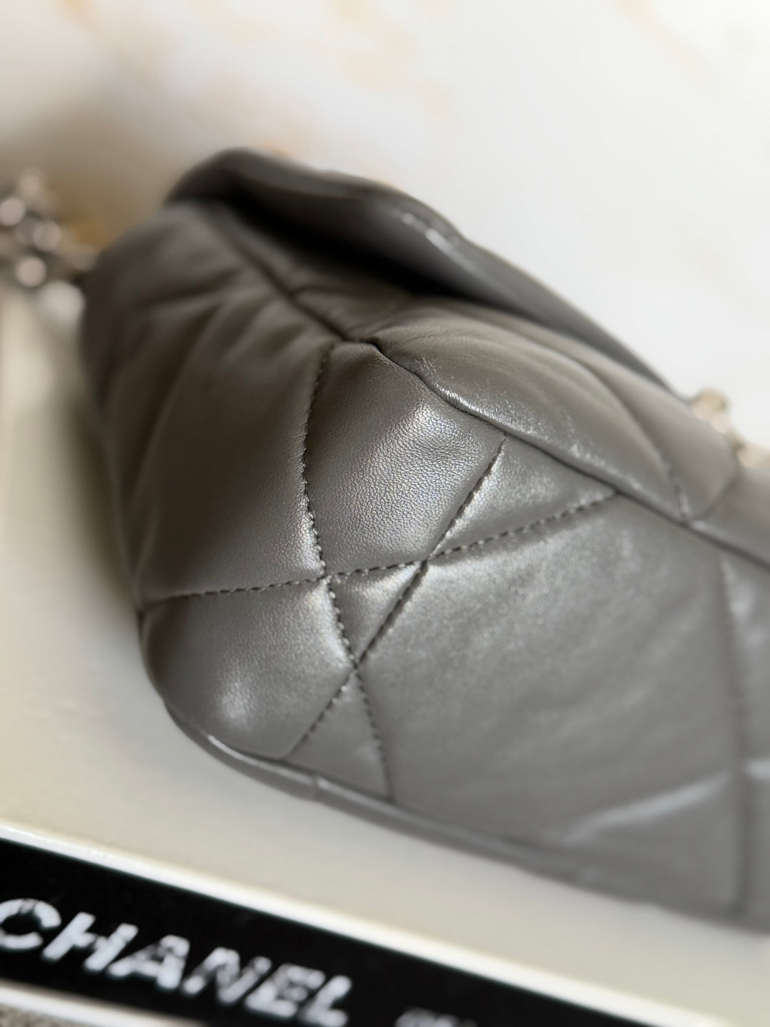 CHANEL Dark Grey Lambskin 19 Size SMALL/MEDIUM Mixed HW Flap Bag 2022 Microchipped