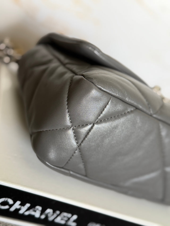 CHANEL Dark Grey Lambskin 19 Size SMALL/MEDIUM Mixed HW Flap Bag 2022 Microchipped