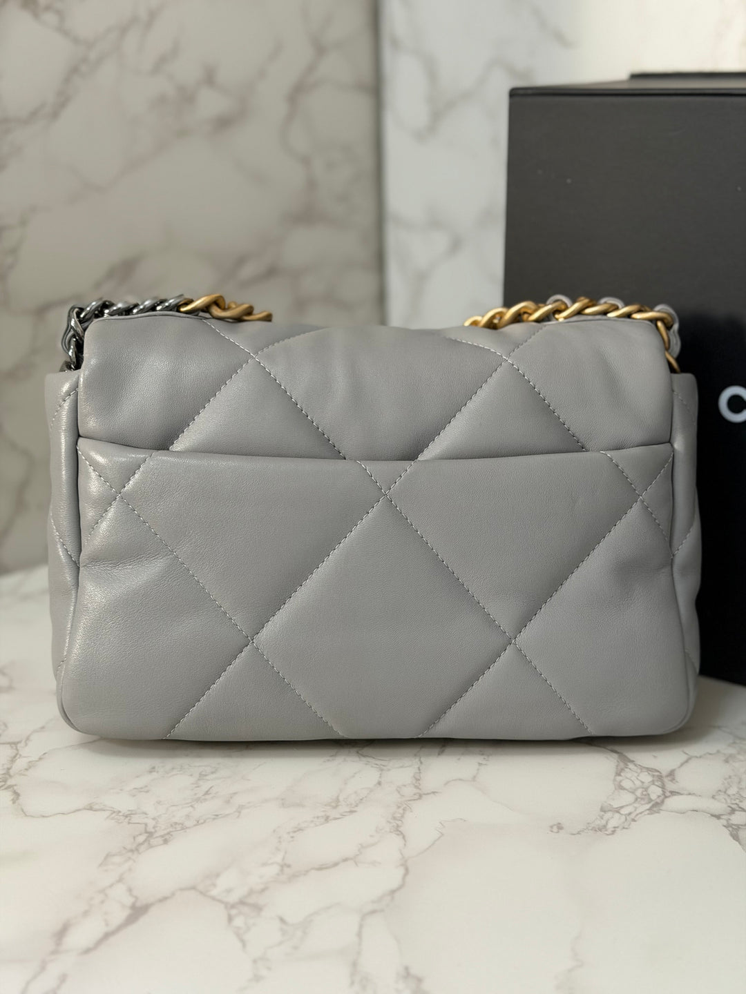 CHANEL 19 size Small Grey Lambskin Mixed Hardware 21B 2021 Flap Bag with Top Handle