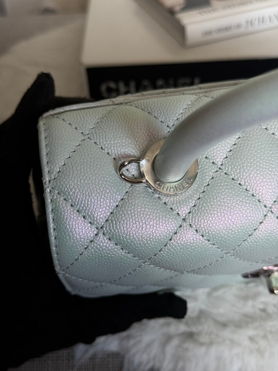 CHANEL 21K iridescent Light Blue Caviar Rainbow and shiny SHW Coco Handle Flap Bag size Small 2021