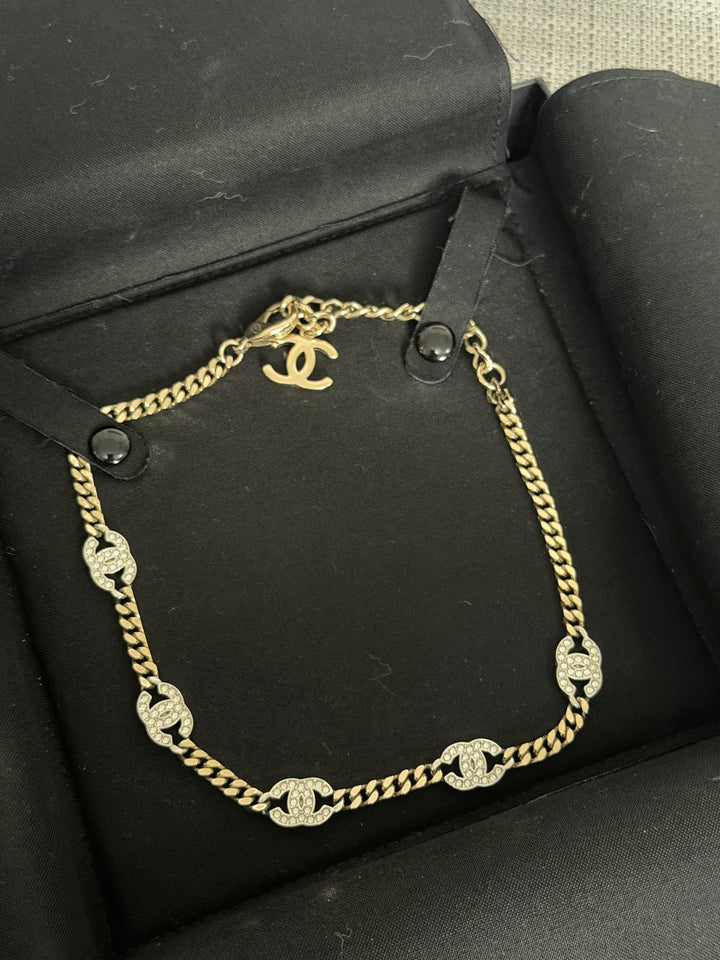 CHANEL Crystal CC Choker Necklace in Silver and Light Gold Hardware