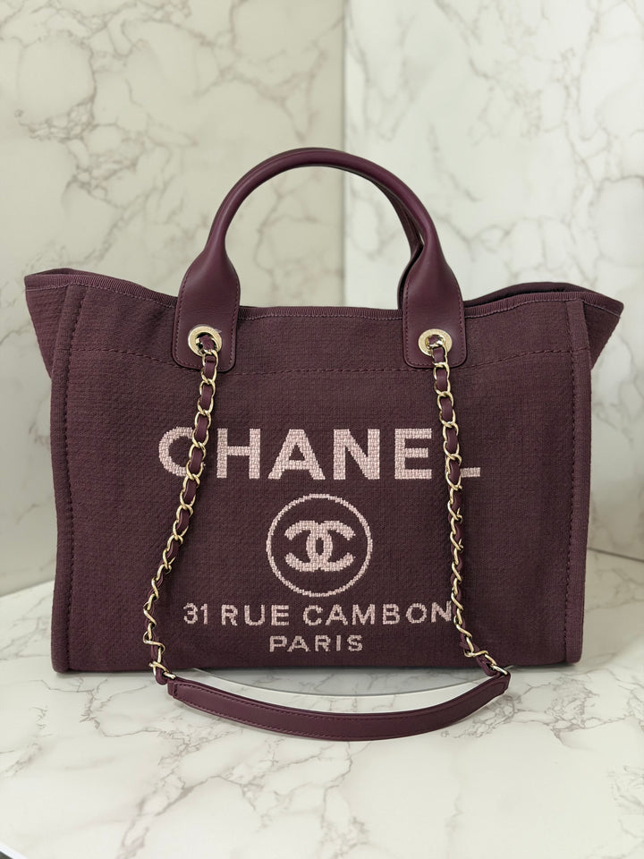 Chanel 24B Collection 2024 Burgundy Tweed Deauville Tote with Leather top handle size small and Detachable pouch