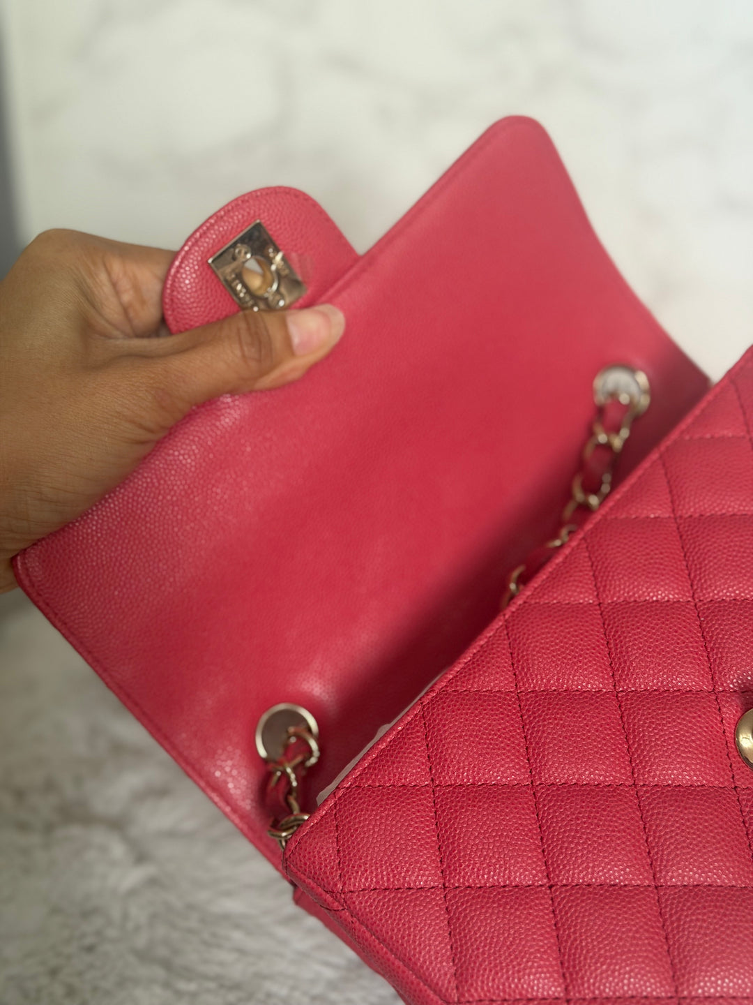 CHANEL 17C series 23 Pink Caviar LGHW Mini Rectangular Flap Bag with edge stitching 2016/2017