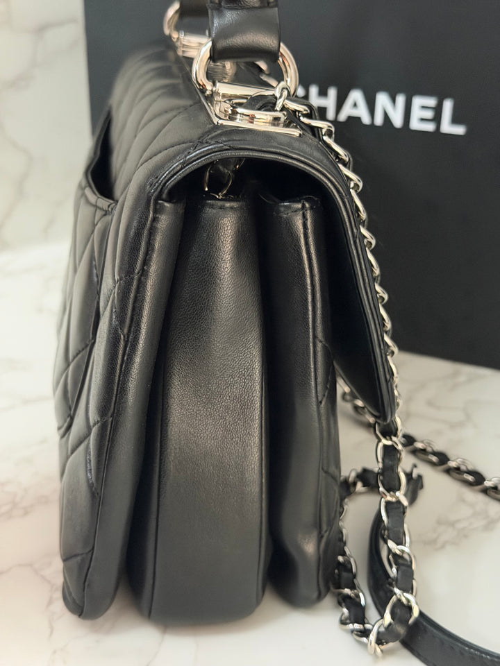 CHANEL series 24 Black Lambskin Silver HW Trendy CC Top Handle Flap Bag with Top Handle and detachable chain