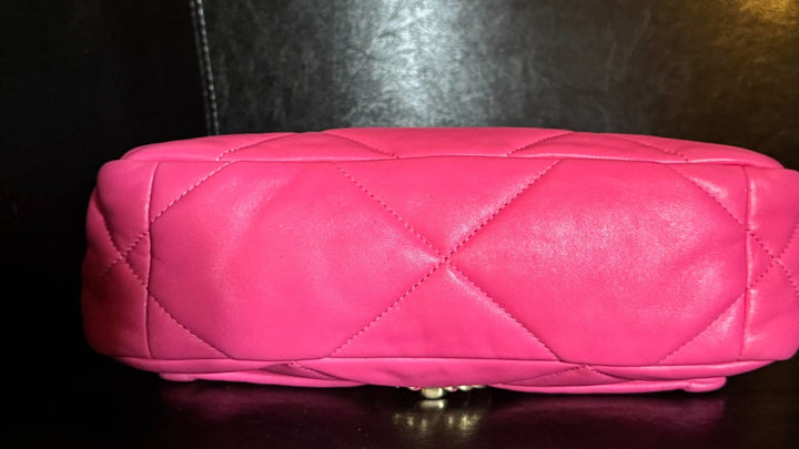 CHANEL 19 size Small in Hot Pink Lambskin Mixed Hardware Flap Bag Microchipped