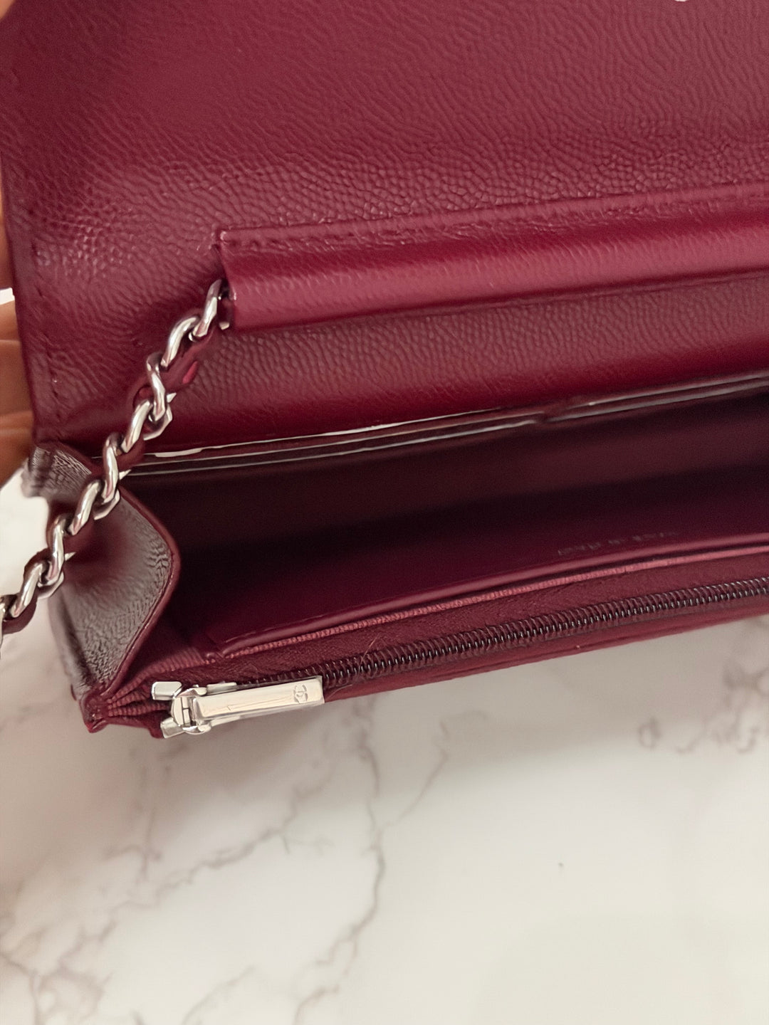 CHANEL 2024 Burgundy Caviar SHW Classic Wallet on chain (WOC) with crystal CC Logo