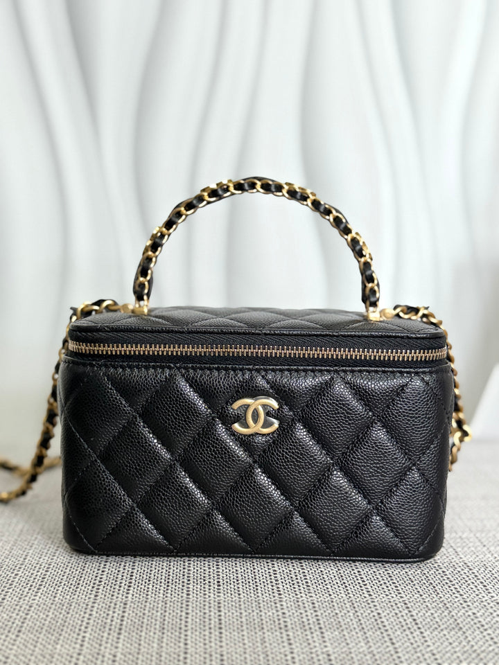 CHANEL Black Caviar Metal Top Handle Small Vanity with Chain 2025 Aged GHW
