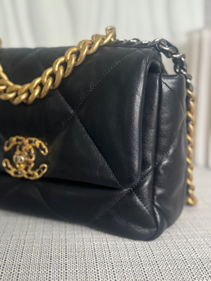 CHANEL 19 Size Small Black Lambskin Mixed Hardware Flap bag with Top Handle