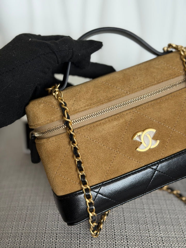 CHANEL 26S Beige Suede Black Calf skin aged GHW Long Vanity Case with Detachable Chain and top handle 2026