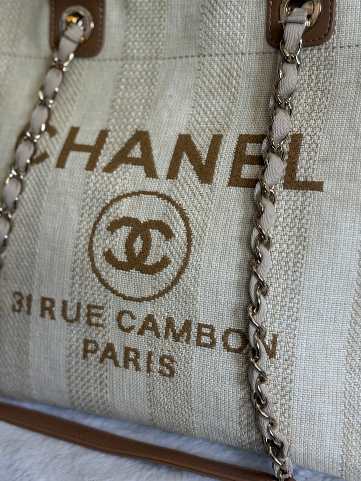 CHANEL series 29 Beige and Brown Stripe Medium 15 inches Deauville Tote Bag 2020