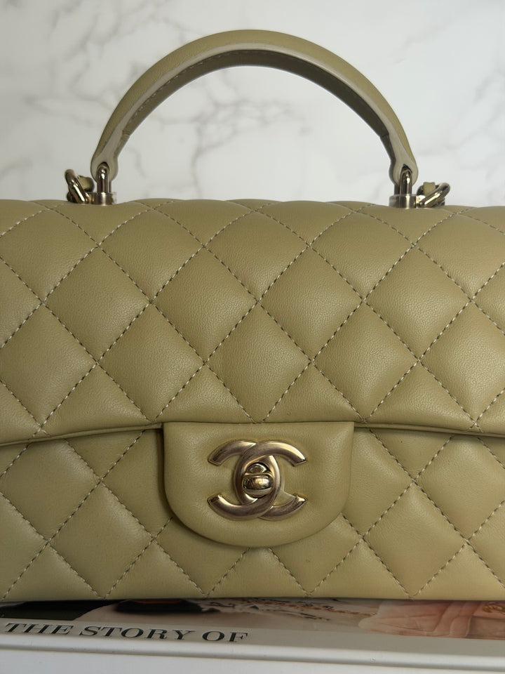 CHANEL 23A Pistachio Green Lambskin LGHW Mini Rectangular Flap Bag with Top Handle 2023