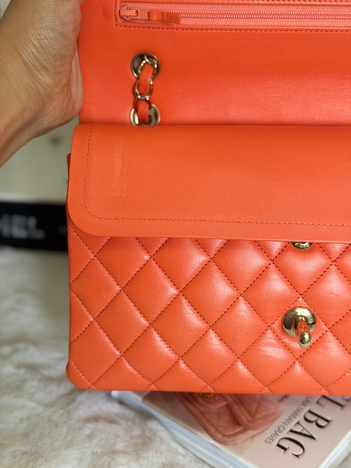 CHANEL 20S Orange Lambskin LGHW Medium ML Timeless Classic Double Flap Bag