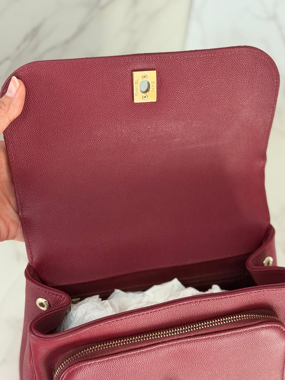 Chanel series 28 19B Collection 2019 Burgundy Caviar Business Affinity Flap Bag with Champagne GHW size Medium