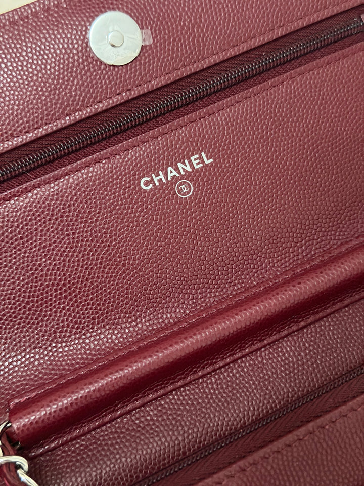 CHANEL 2024 Burgundy Caviar SHW Classic Wallet on chain (WOC) with crystal CC Logo