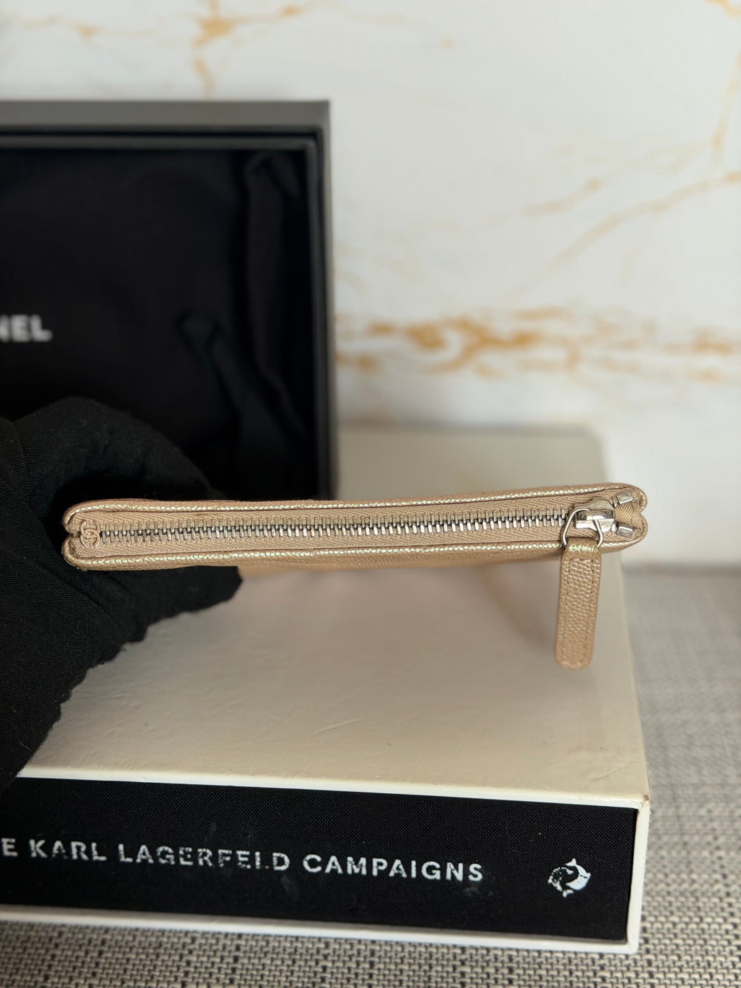 CHANEL series 27 Rose Gold Iridescent Caviar Chevron SHW Mini O Case Pouch 15 cms