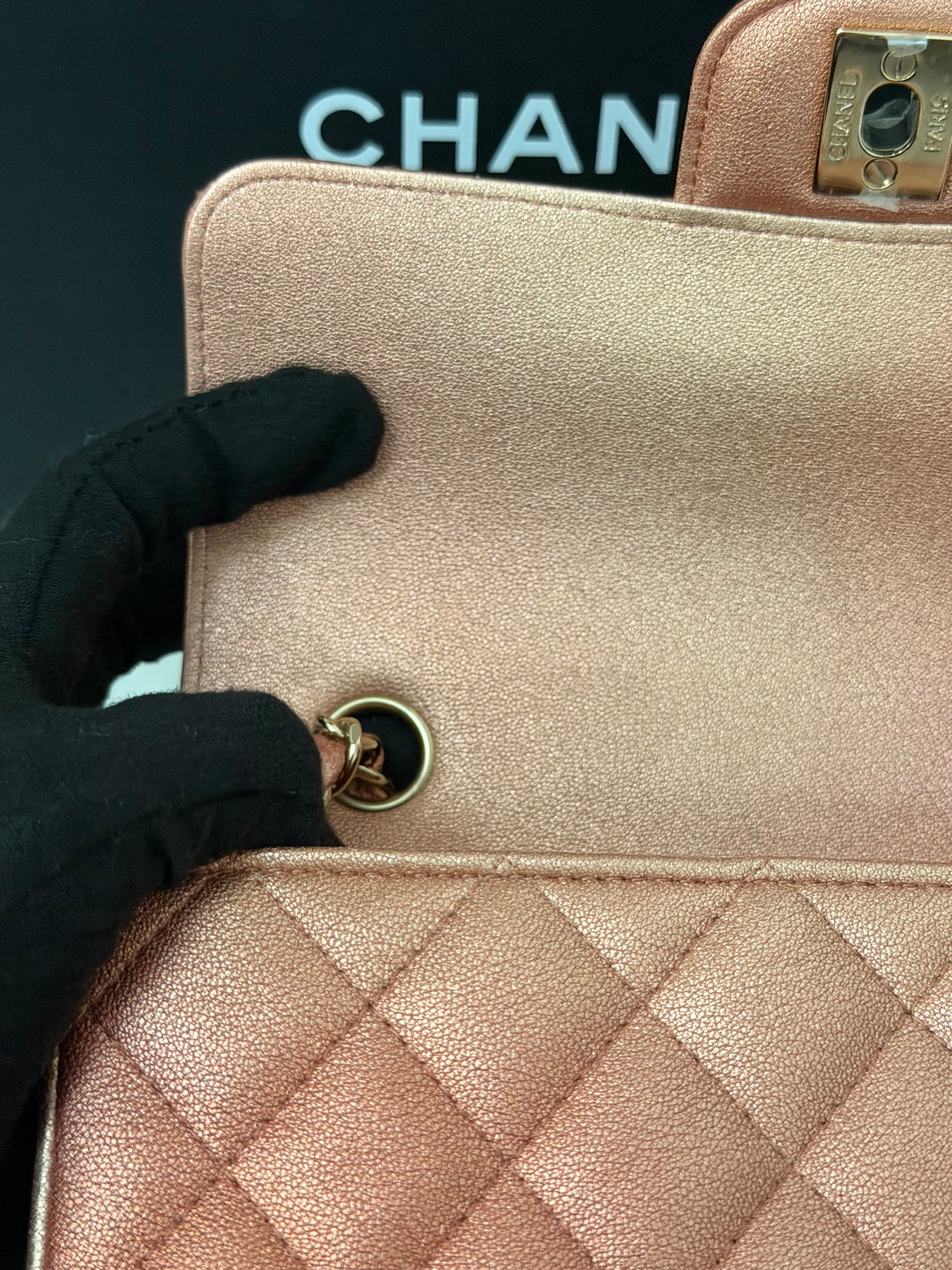 CHANEL 21S Ombré Rose Gold Metallic Copper Lambskin LGHW Mini Rectangular Flap Bag 2021