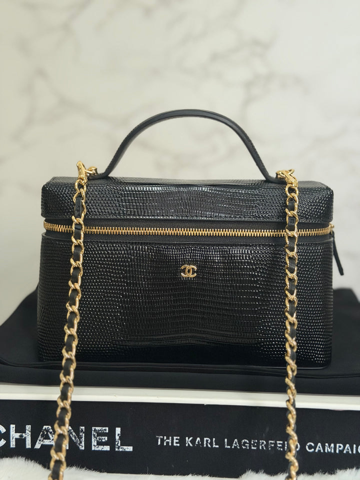 CHANEL Black Lizard Embossed Calf Skin GHW LP Long Vanity with top handle 26A 2026