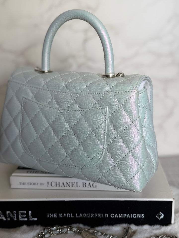 CHANEL 21K iridescent Light Blue Caviar Rainbow and shiny SHW Coco Handle Flap Bag size Small 2021