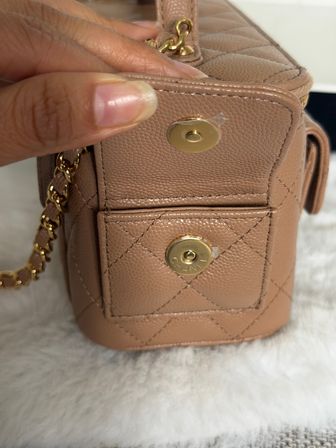 CHANEL Dark Beige Caviar Cargo Polly Pocket Vanity Case with Top Handle GHW 2023