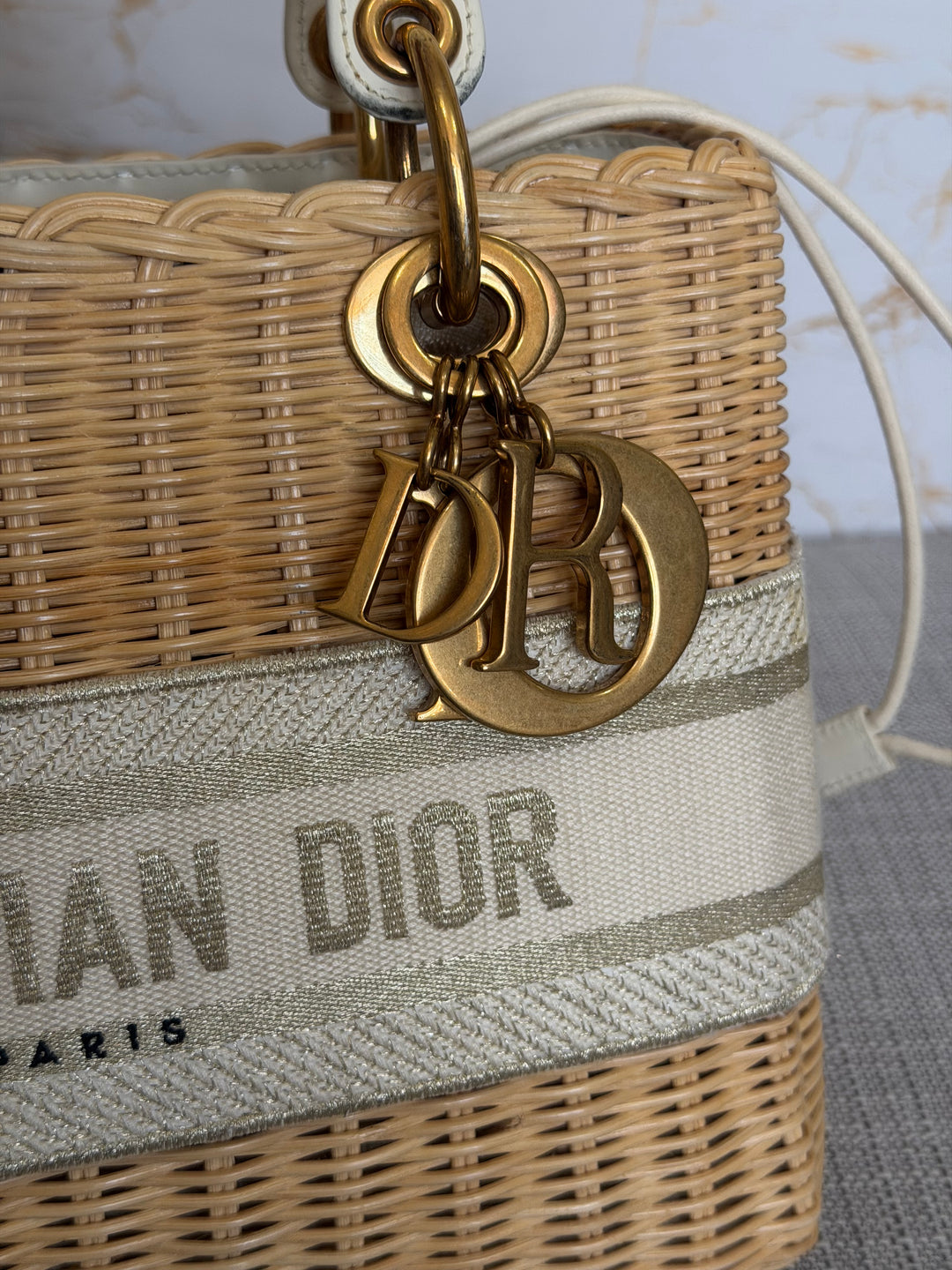 DIOR Lady Dior White/Gold Wicker Bag size SMALL with Guitar Strap