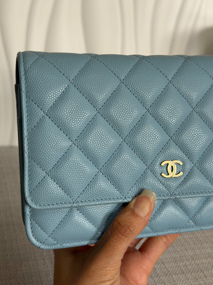 CHANEL 22S Collection 2022 Baby Blue/ Light Blue Caviar LGHW Classic Wallet on chain (WOC)