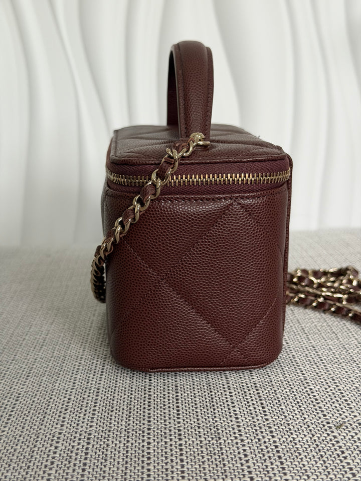 CHANEL 25K 2025 collection Brown Caviar LGHW Leather Top Handle Small Vanity with Chain