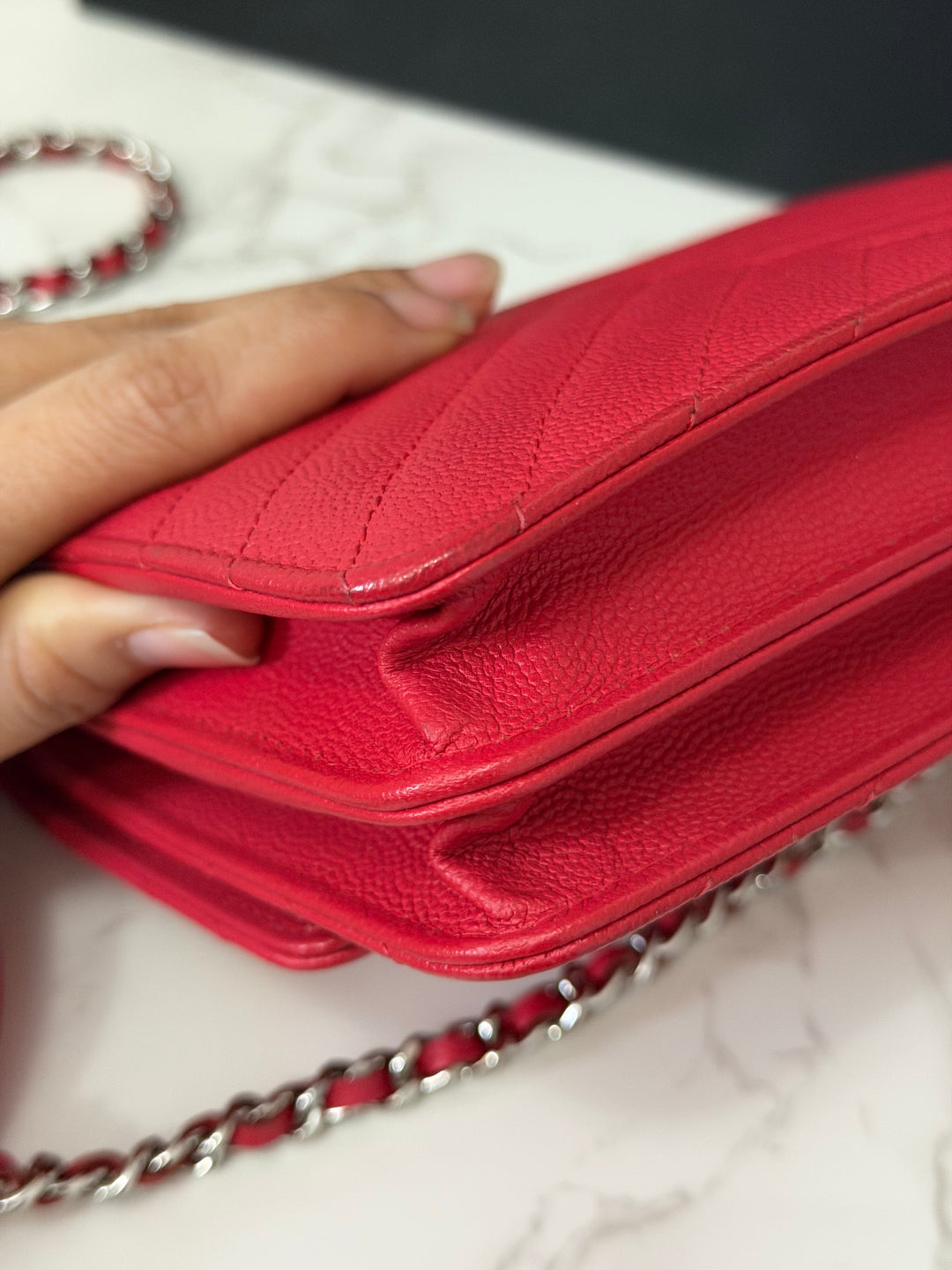 CHANEL series 25 2018 Dark pink chevron caviar SHW Square Wallet On Chain (WOC)