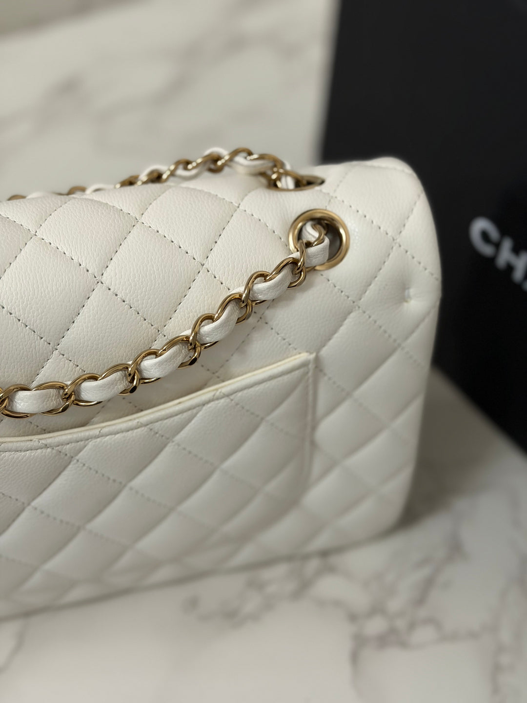 CHANEL 2023 White Caviar LGHW Medium ML Timeless Classic Double Flap Bag